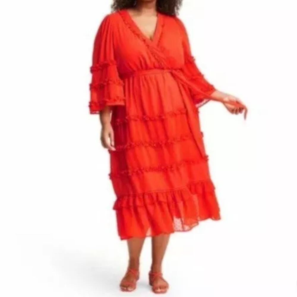 Alexis for Target Women's Angel Sleeve Tiered Ruffle Midi Maxi Dress 3X Orange